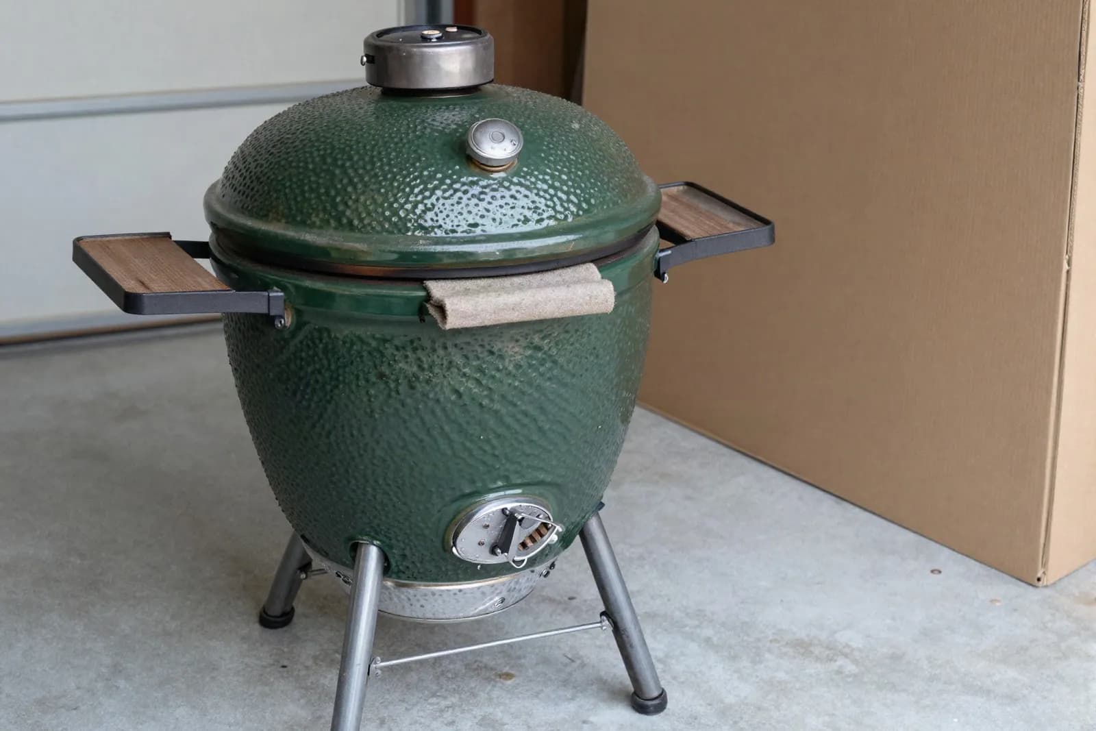 Kamado cerámico verde de segunda mano con la tapa cerrada y la junta desgastada a la vista, en un garaje junto a una caja de cartón