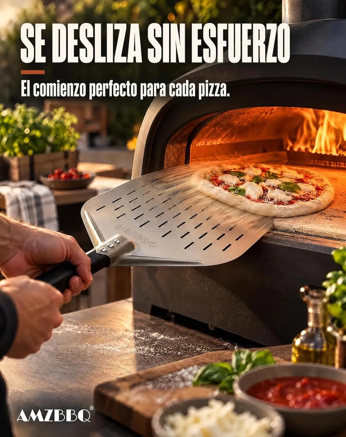 AMZBBQ® Pala para pizza premium - 40 x 40 x 76 cm Pala para pizza perforada de aluminio anodizado duro para un fácil des (vista 2)