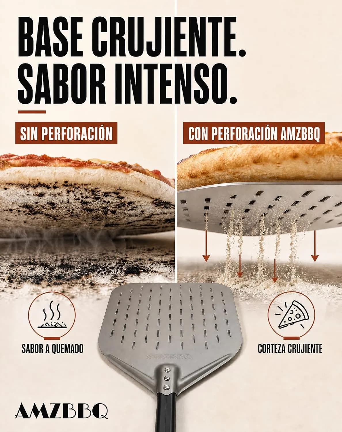 AMZBBQ® Pala para pizza premium - 40 x 40 x 76 cm Pala para pizza perforada de aluminio anodizado duro para un fácil des (vista 3)
