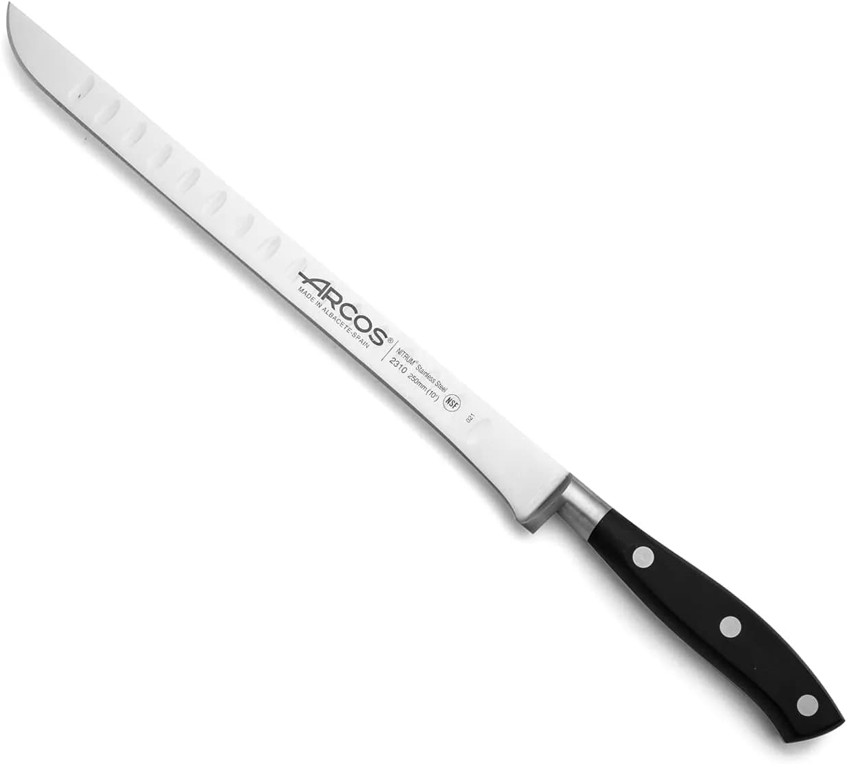 Cuchillo jamonero Arcos Riviera con alvéolos, hoja de 250 mm de acero Nitrum para lonchear brisket y jamón (vista 1)