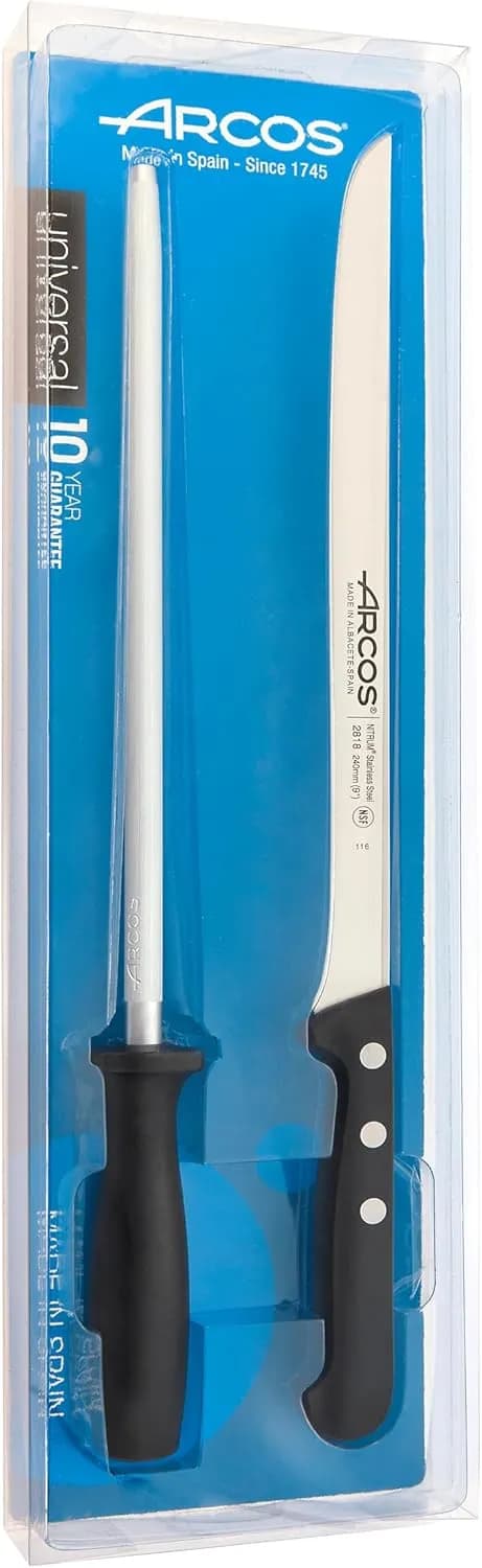 Set Arcos Universal de 2 piezas: cuchillo de lonchear de acero Nitrum y chaira afiladora a juego (vista 1)