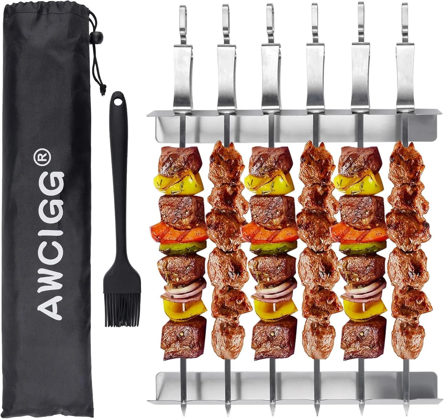 Set de brochetas planas AWCIGG en acero inoxidable con soportes, cepillo y bolsa (vista 1)