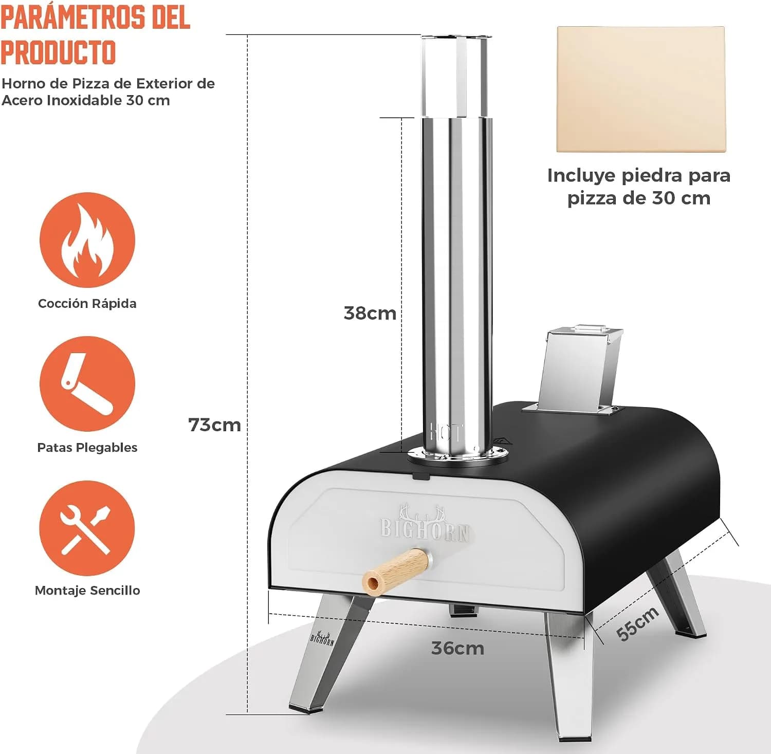 BIG HORN OUTDOORS Horno de Pizza a Pellets de Madera para Exteriores, 12 Pulgadas con Piedra de Horneado, Portátil para  (vista 3)