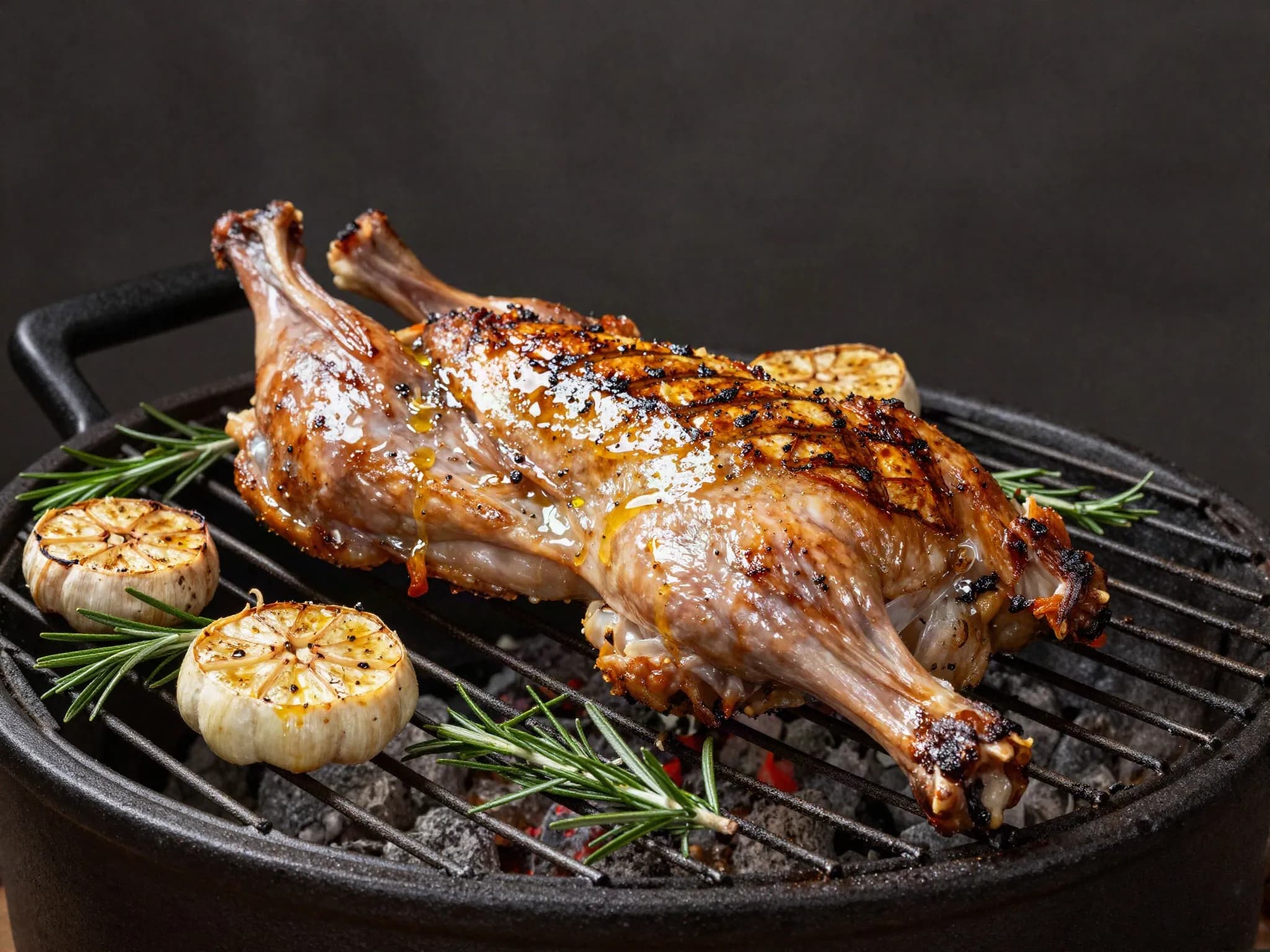 Conejo entero asado a la brasa con costra dorada, cabezas de ajo tostadas y romero sobre la rejilla de un kamado