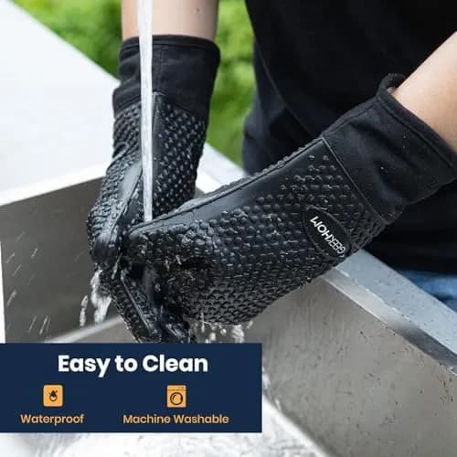Guantes de silicona GEEKHOM negros resistentes al calor para barbacoa, con forro de algodón y protección de antebrazo (vista 2)