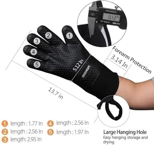 Guantes de silicona GEEKHOM negros resistentes al calor para barbacoa, con forro de algodón y protección de antebrazo (vista 4)