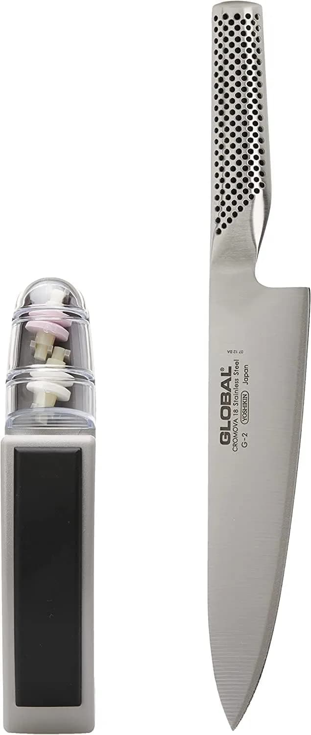Global G-2 Cuchillo Chef 20 cm + Afilador MinoSharp (Set)