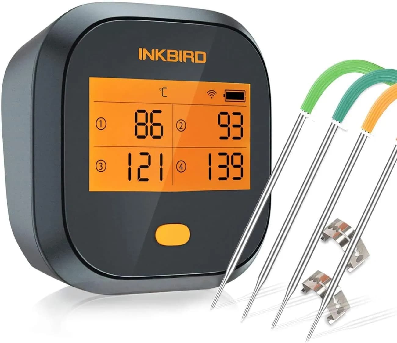 Termómetro WiFi Inkbird IBBQ-4T con cuatro sondas con código de color, estación recargable de base magnética y app (vista 1)