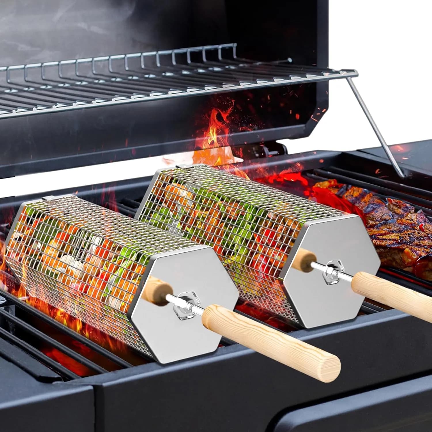 ivtivfu Cesta de Parrilla Rodadiza, Mango Extraíble, Acero Inoxidable 304 (vista 1)