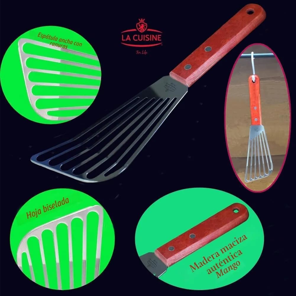 La Cuisine Espátula ranurada con borde biselado de acero inoxidable, para voltear pescado, huevo, panqueques, patatas fr (vista 2)