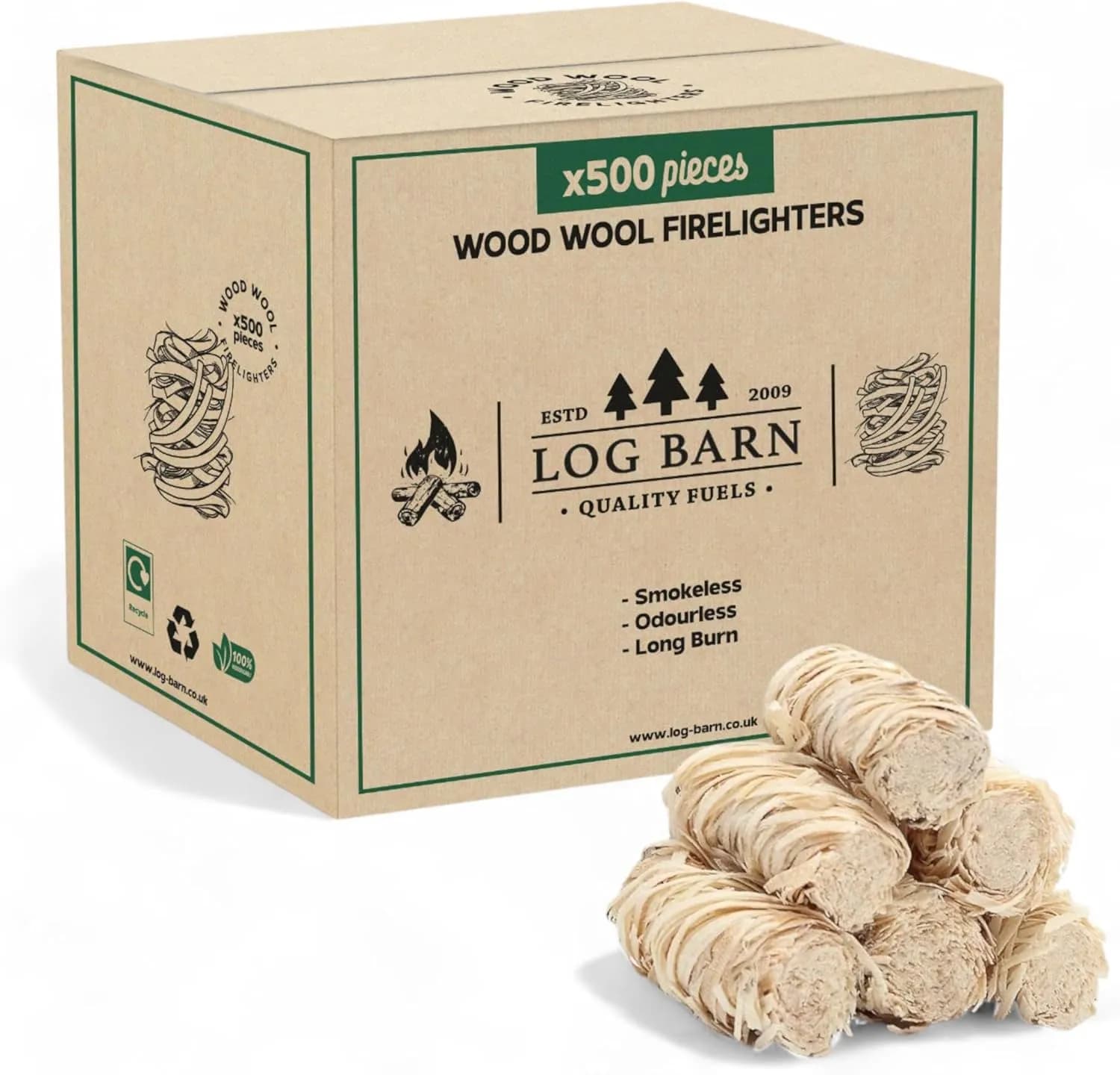 Log Barn Encendedores Naturales - Caja de 500, Pastillas de Encendido para Barbacoa, Estufas de Leña, Hornos de Pizza, C (vista 1)