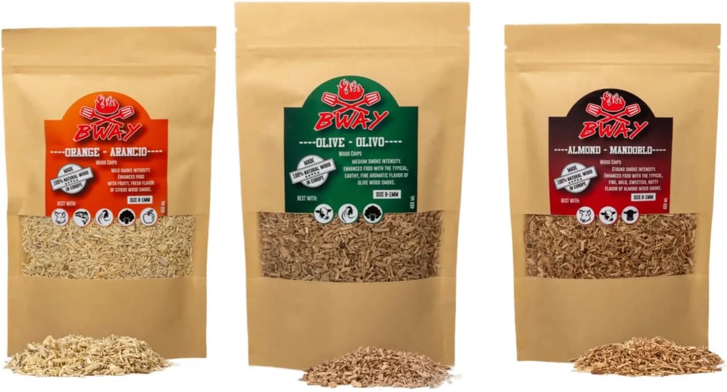 BWAY Madera para Ahumador de Alimentos Profesional - Olivo, Naranjo, Almendro (3x400 ml) - Ebook de Regalo con (vista 1)