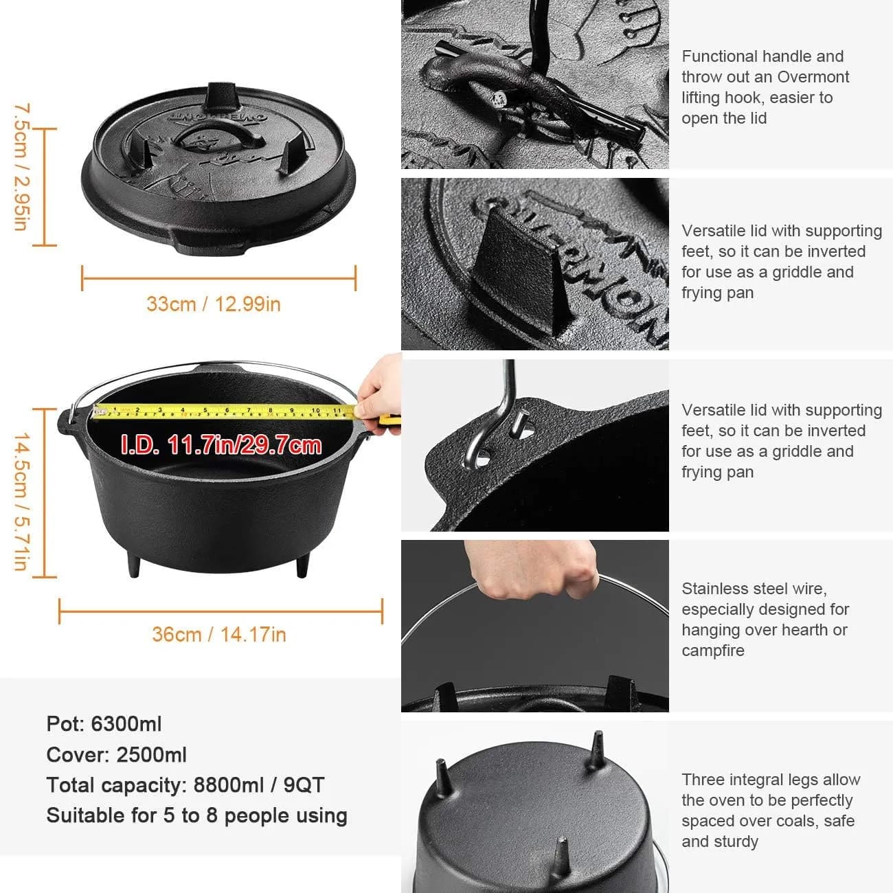 OVERMONT Dutch Oven Olla Horno Holandesa de Hierro Fundido 6.3L Diámetro 29,7Cm Cazuela con Tapa (Olla + Tapa) (vista 3)