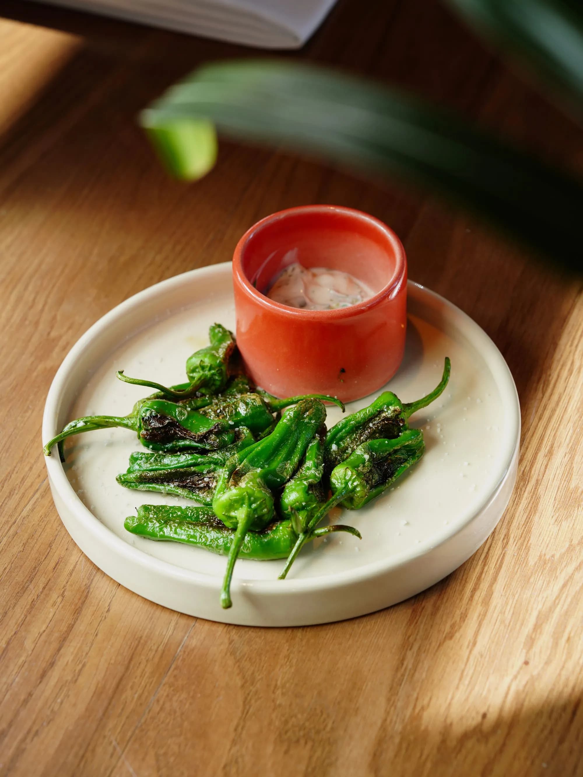 Pimientos de Padrón brillantes de aceite y con la piel ampollada, recién salteados en una sartén de hierro sobre un kamado, espolvoreados con sal en escamas.