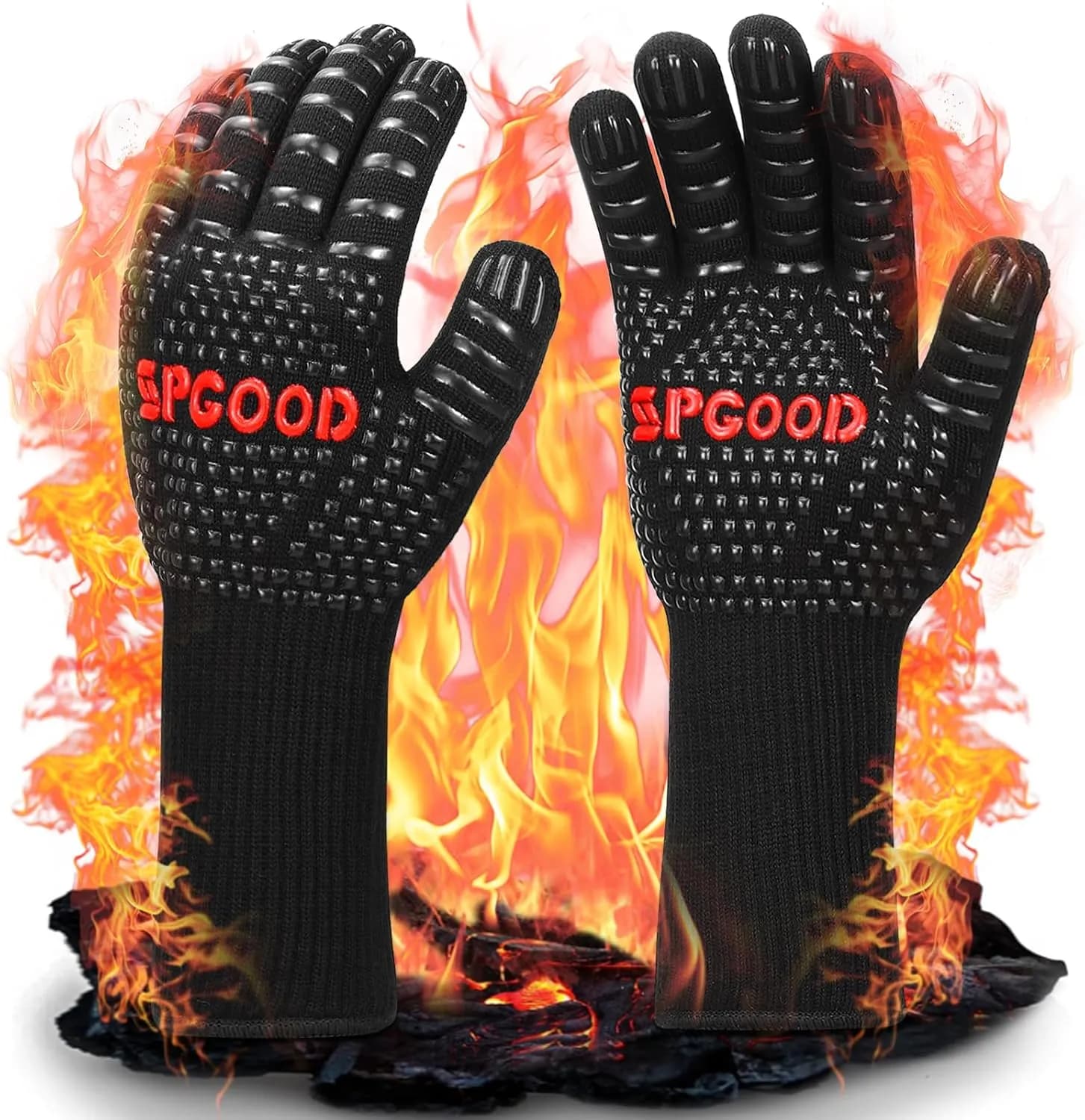 Guantes de barbacoa SPGOOD resistentes al calor hasta 800 °C, aramida con forro de algodón y tiras de silicona, negros con logo rojo (vista 1)