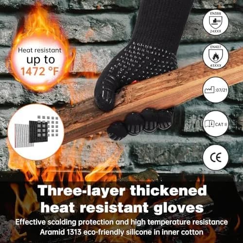 Guantes de barbacoa SPGOOD resistentes al calor hasta 800 °C, aramida con forro de algodón y tiras de silicona, negros con logo rojo (vista 2)