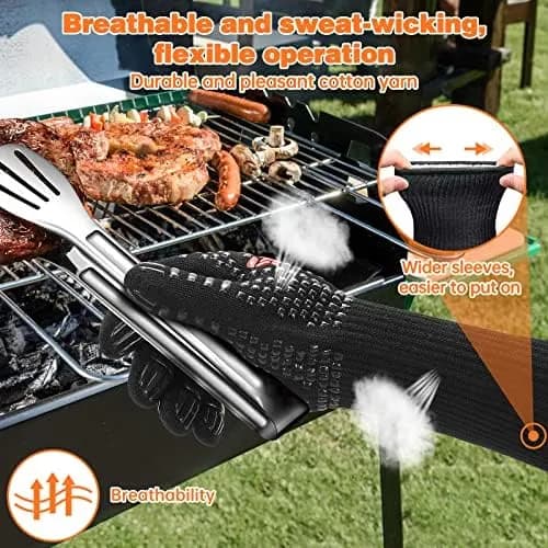 Guantes de barbacoa SPGOOD resistentes al calor hasta 800 °C, aramida con forro de algodón y tiras de silicona, negros con logo rojo (vista 3)