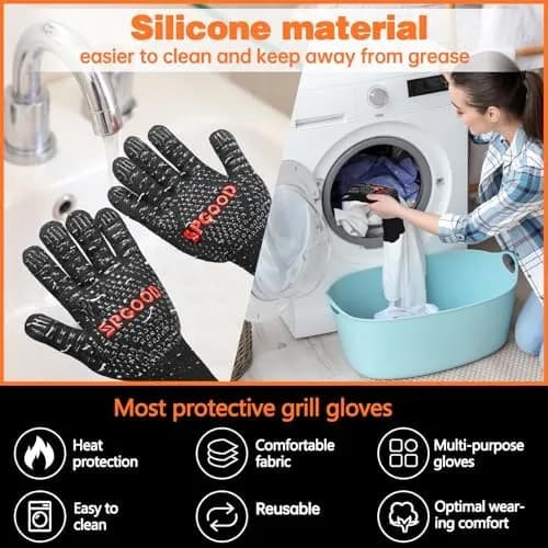Guantes de barbacoa SPGOOD resistentes al calor hasta 800 °C, aramida con forro de algodón y tiras de silicona, negros con logo rojo (vista 4)