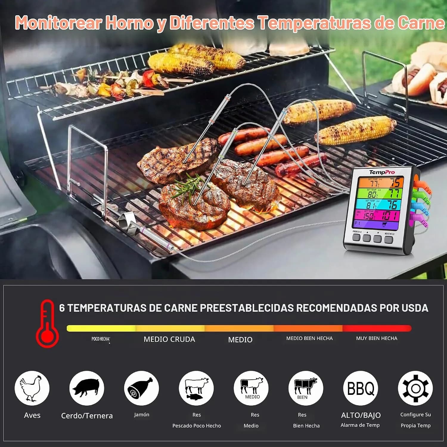 TempPro TP17H Termómetro para carne Termómetro digital para cocina,4 sondas (vista 2)