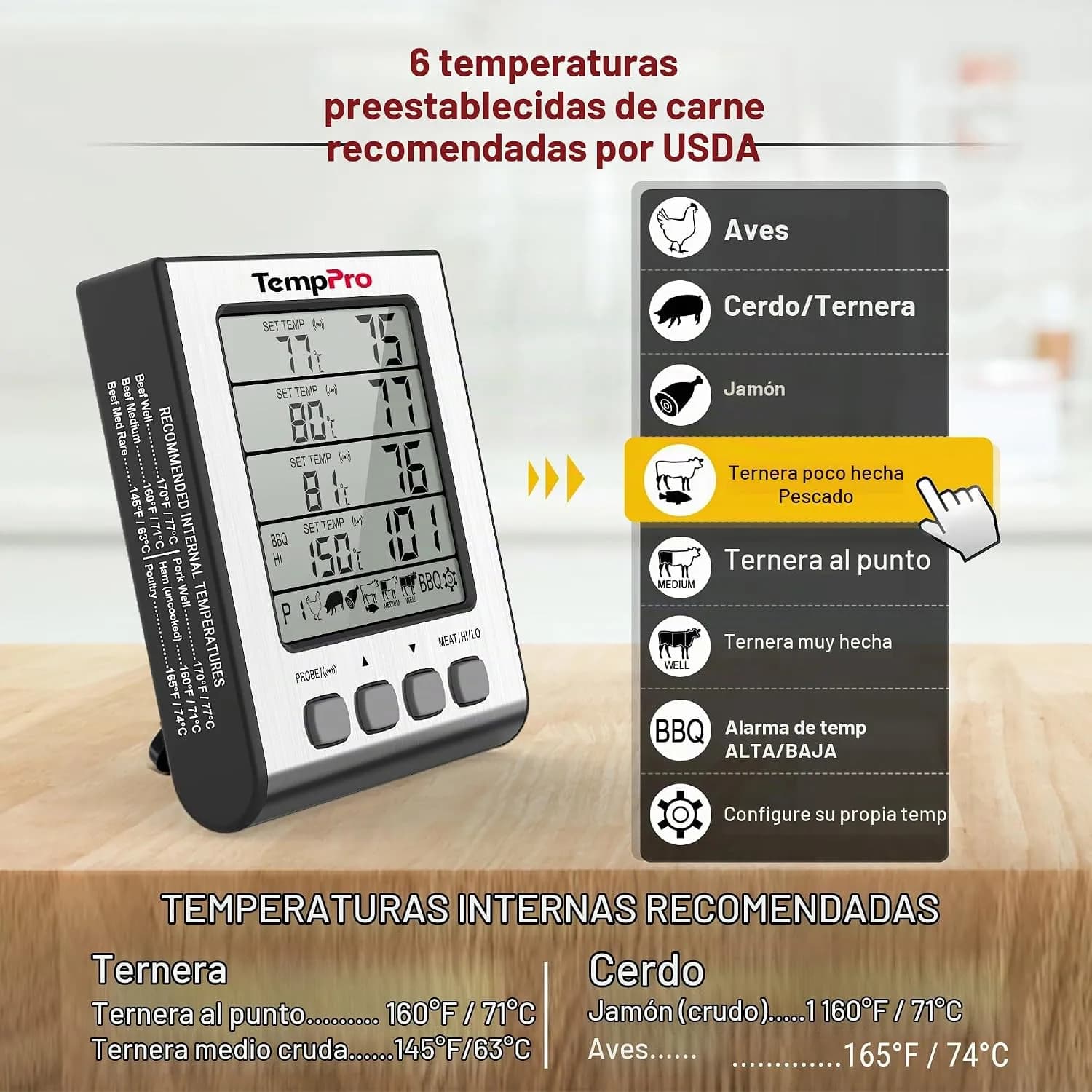 TempPro TP17H Termómetro para carne Termómetro digital para cocina,4 sondas (vista 3)