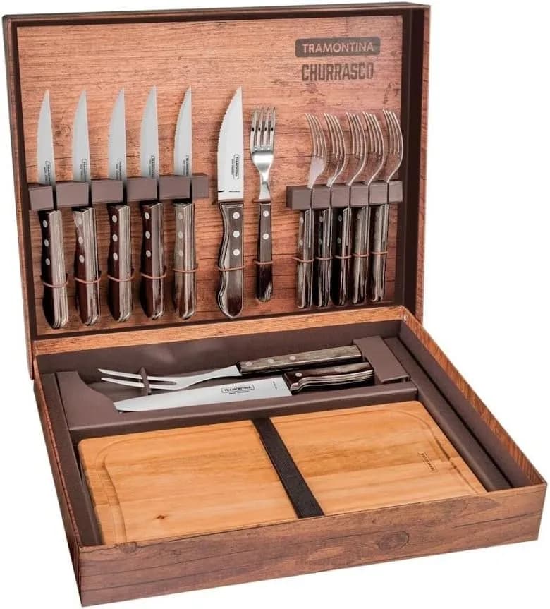Maletín churrasco Tramontina de 15 piezas con cuchillos y tenedores jumbo, trinchante y tabla, mangos Polywood castaño (vista 1)