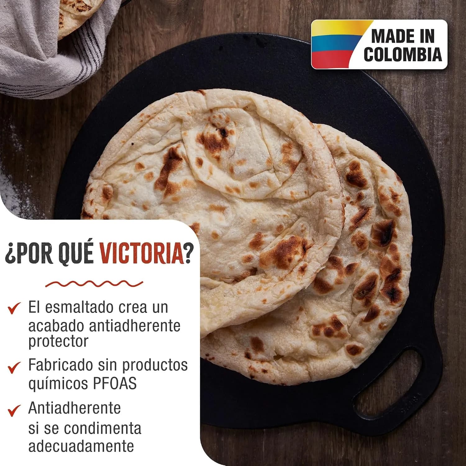 Victoria Plancha Cocina Inducción Hierro Fundido Esmaltado, Budare 38cm para Pizza, Crepes, Tortitas, Fuego, Barbacoa, H (vista 2)
