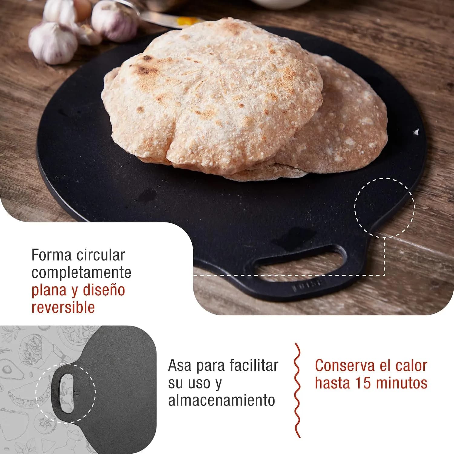 Victoria Plancha Cocina Inducción Hierro Fundido Esmaltado, Budare 38cm para Pizza, Crepes, Tortitas, Fuego, Barbacoa, H (vista 3)