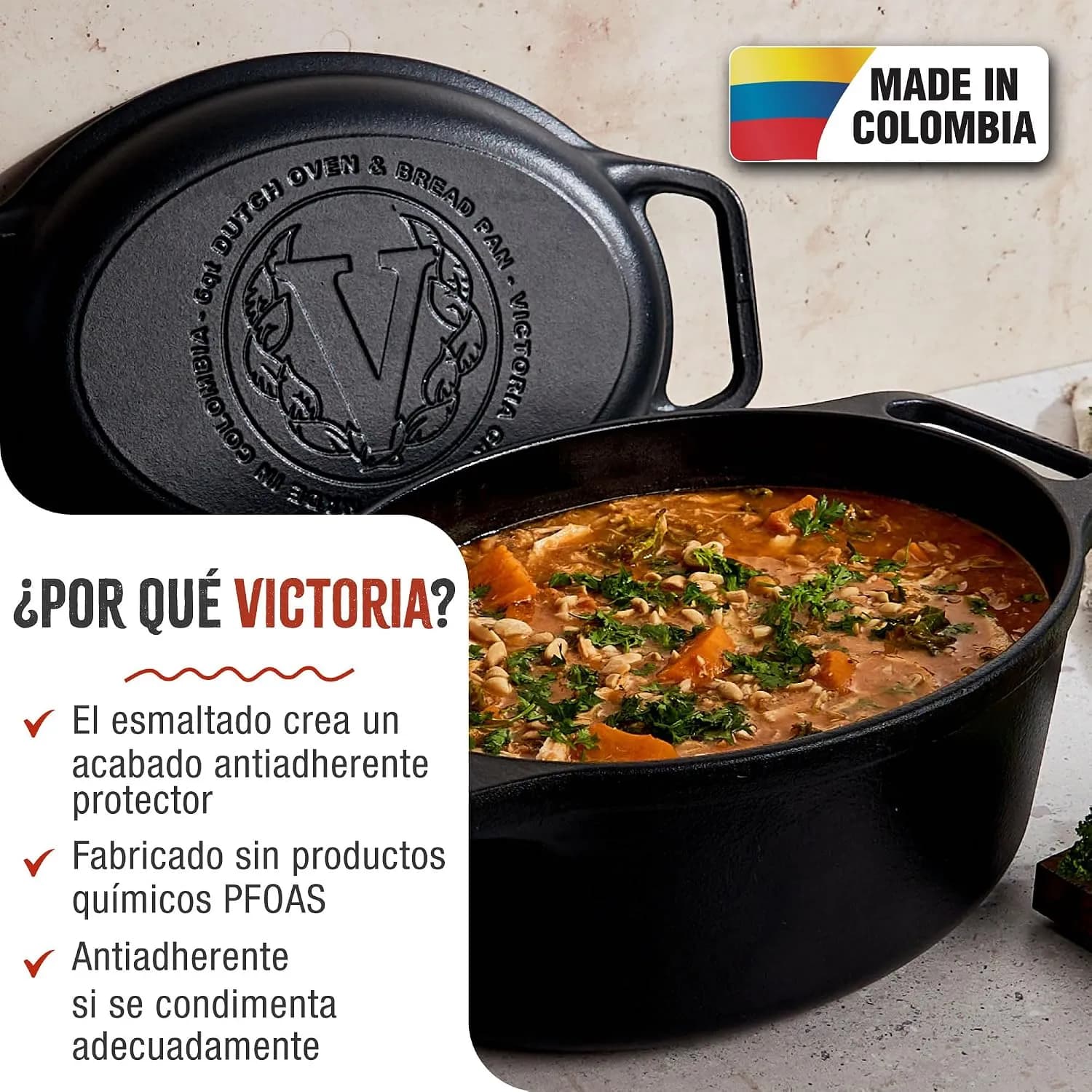 Victoria Horno Holandés Olla y Sartén Inducción Hierro Fundido Esmaltado 31cm Ovalado, Juego 2 Piezas Cocotte  (vista 2)