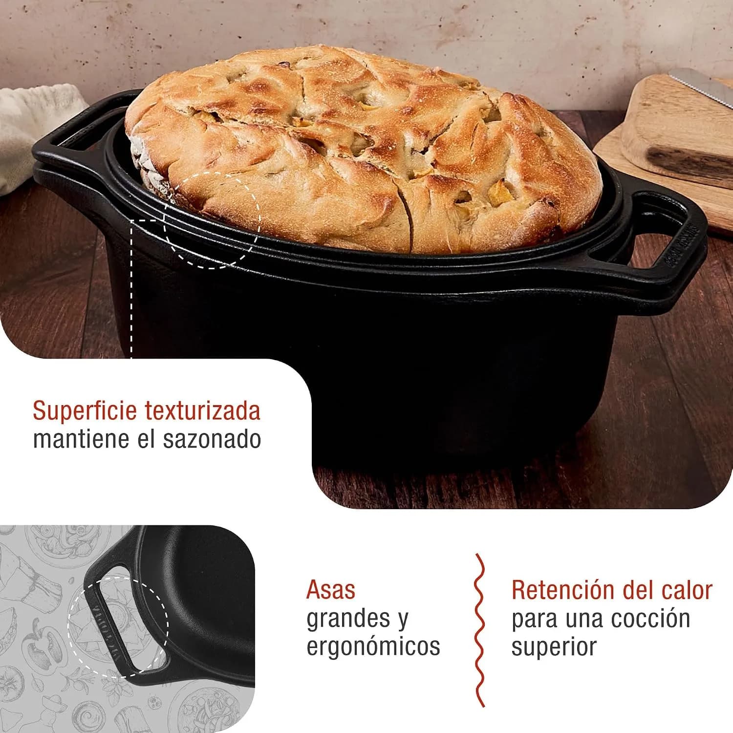 Victoria Horno Holandés Olla y Sartén Inducción Hierro Fundido Esmaltado 31cm Ovalado, Juego 2 Piezas Cocotte  (vista 3)