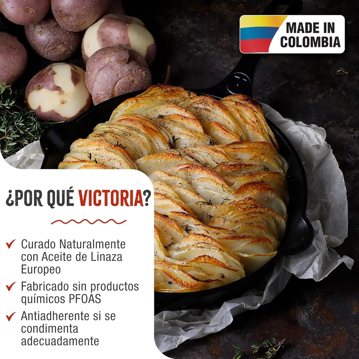 VICTORIA Sartén Hierro Fundido Curado Inducción 30cm, Apta para Fuego, Barbacoa, Horno, Vitrocerámica, Gas, Cast Iron Sk (vista 2)
