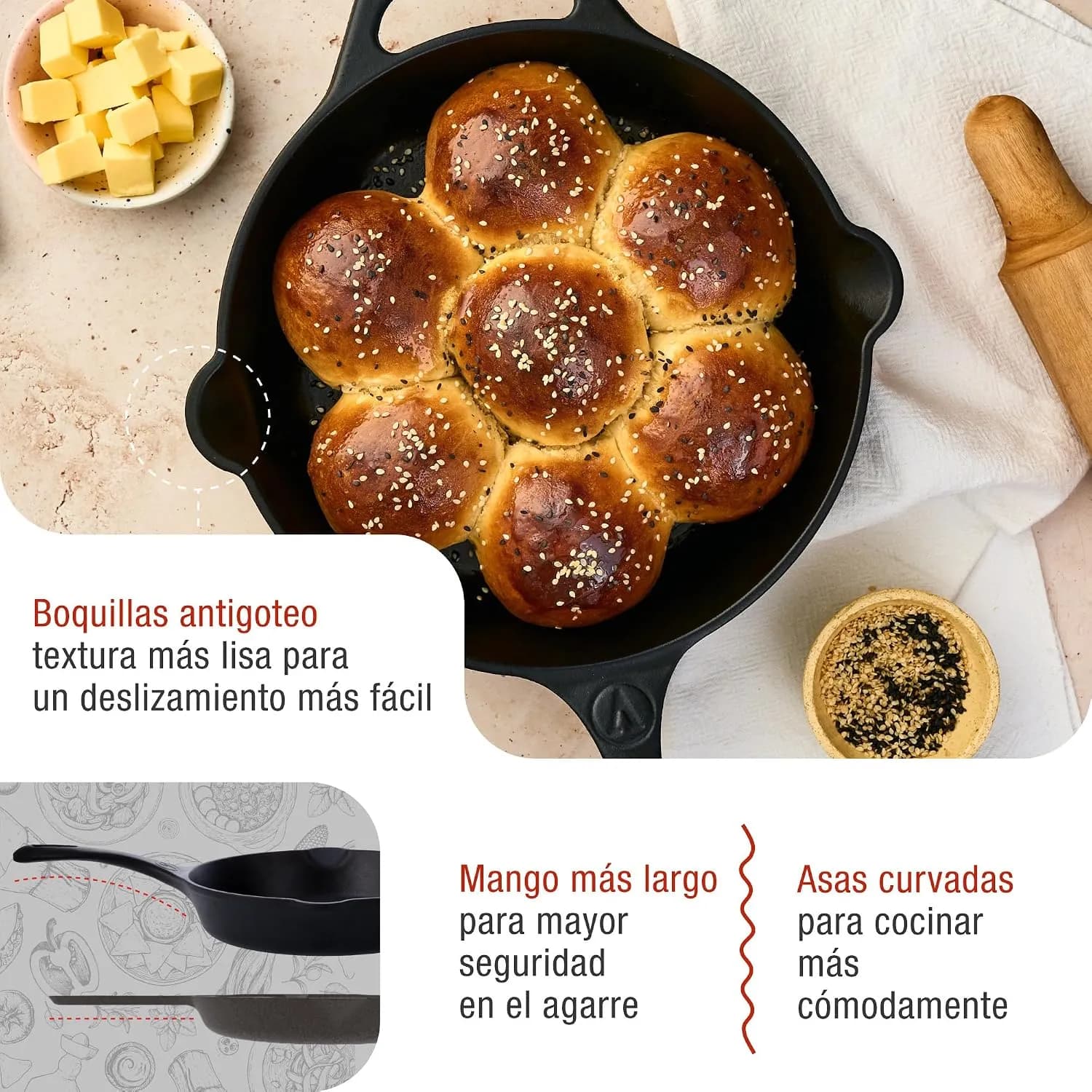 VICTORIA Sartén Hierro Fundido Curado Inducción 30cm, Apta para Fuego, Barbacoa, Horno, Vitrocerámica, Gas, Cast Iron Sk (vista 3)