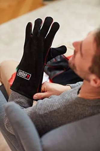 Weber 17896 guantes de barbacoa de piel premium resistentes al calor, negros con costuras rojas (vista 3)