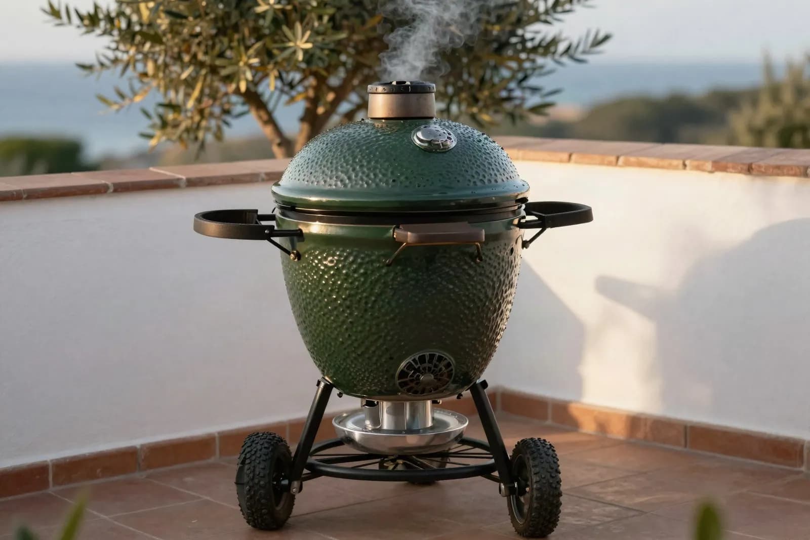 Barbacoa kamado de cerámica verde con la tapa cerrada y un hilo de humo, en una terraza mediterránea al atardecer
