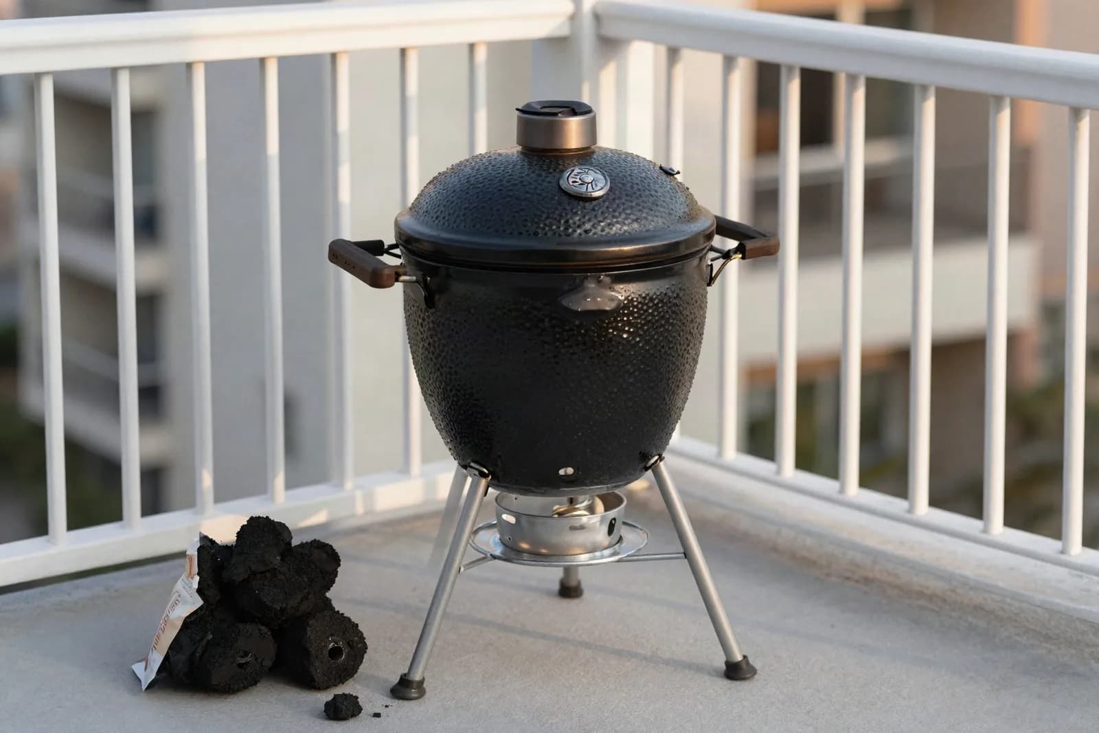Kamado de cerámica negro y económico, con patas de acero, en el rincón de un balcón junto a una bolsa de carbón vegetal