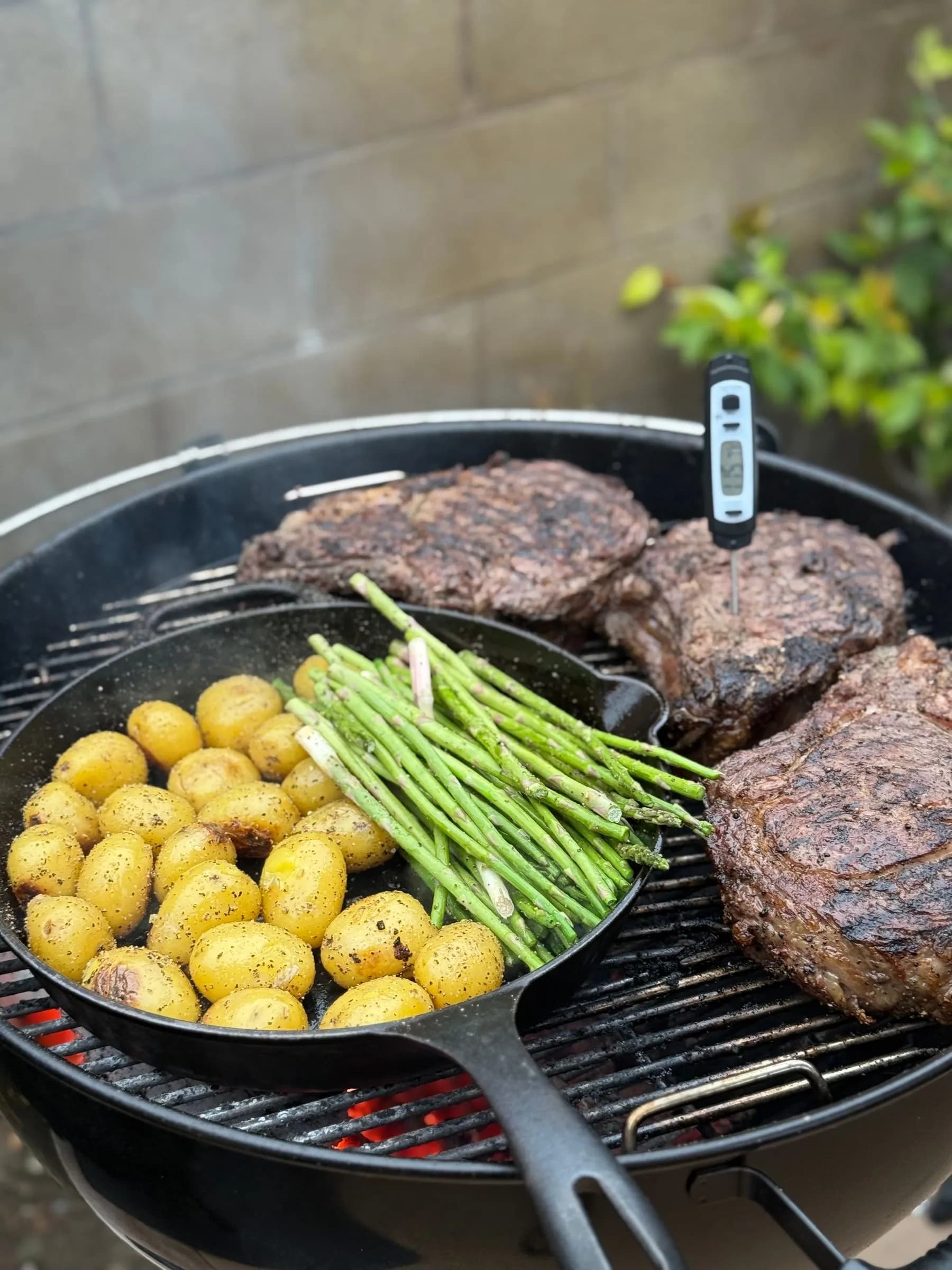 Sonda de termómetro clavada en una pieza de carne sobre la parrilla, con la pantalla marcando la temperatura interna