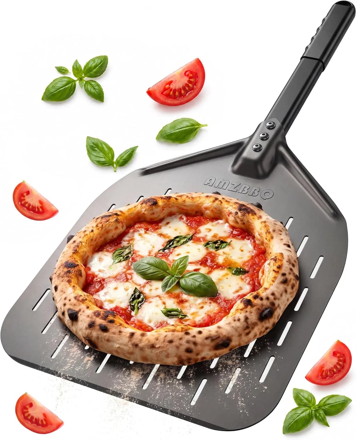 AMZBBQ® Pala para pizza premium - 40 x 40 x 76 cm Pala para pizza perforada de aluminio anodizado duro para un fácil des (vista 1)