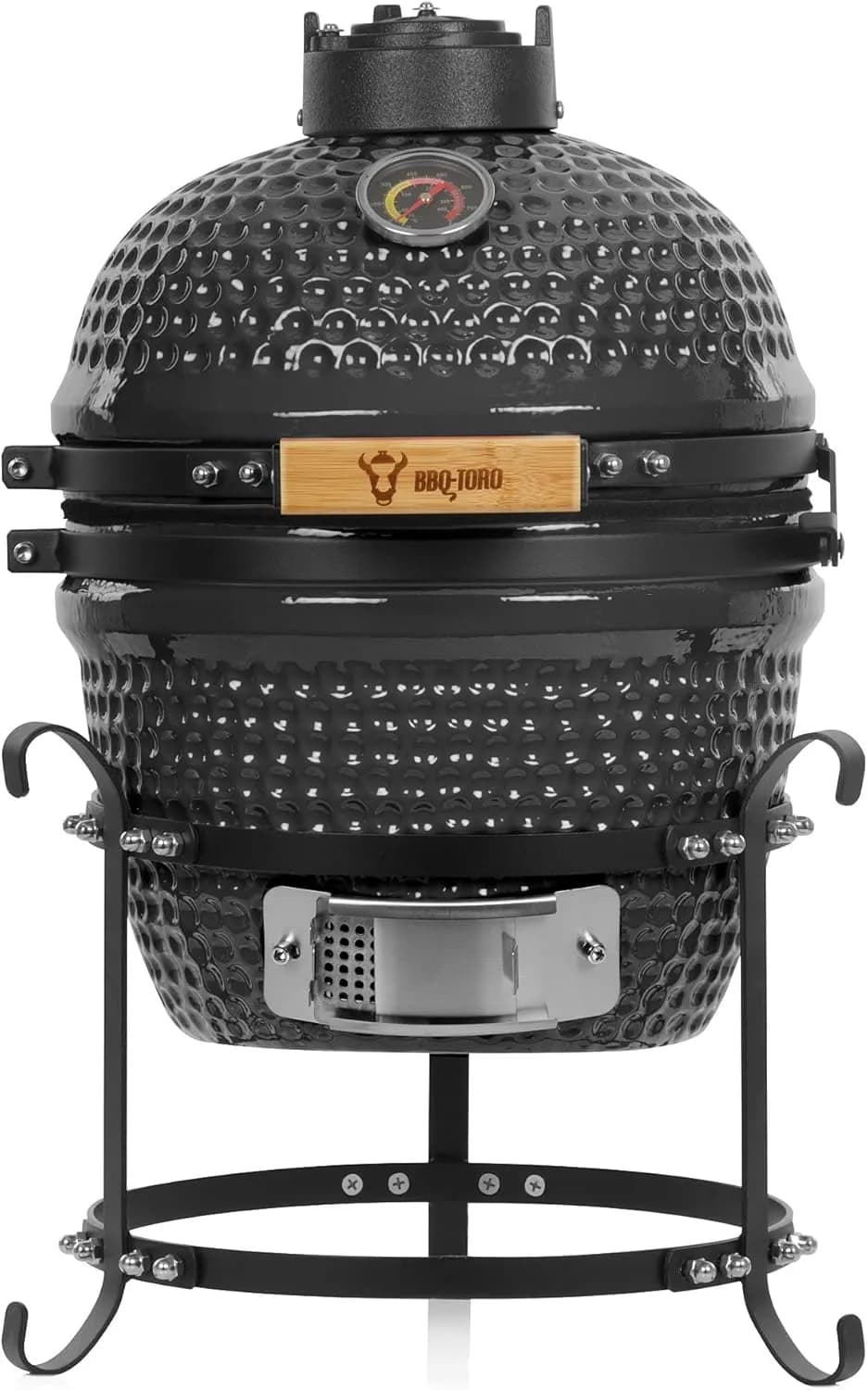 BBQ-Toro Haiiro de 32 cm, mini kamado de cerámica gris con termómetro y asas de bambú (vista 1)