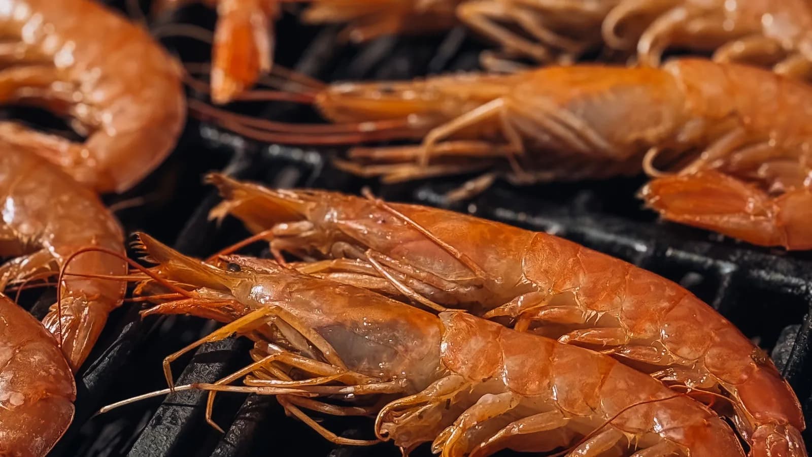 Gambones rojos enteros asándose sobre la parrilla, con brillo de aceite y tonos rojos intensos