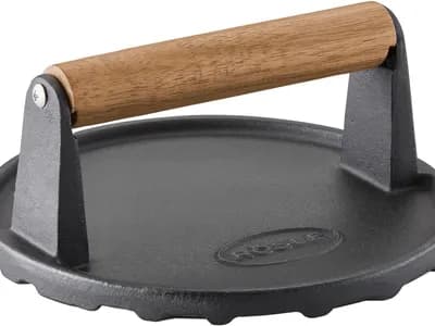 RÖSLE Pesa para barbacoa, 17,5 cm, hierro fundido con mango de madera, para cocinar más rápido hamburguesas o filetes, n (vista 1)